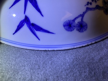 A Chinese blue and white 'Three friends of winter' dish, Xuande mark, Kangxi